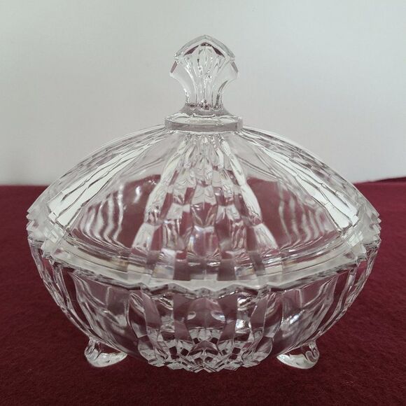 Three-Footed Pedestal Glass Candy Dish Covered Bowl Art Deco Geometric Design - Picture 13 of 13